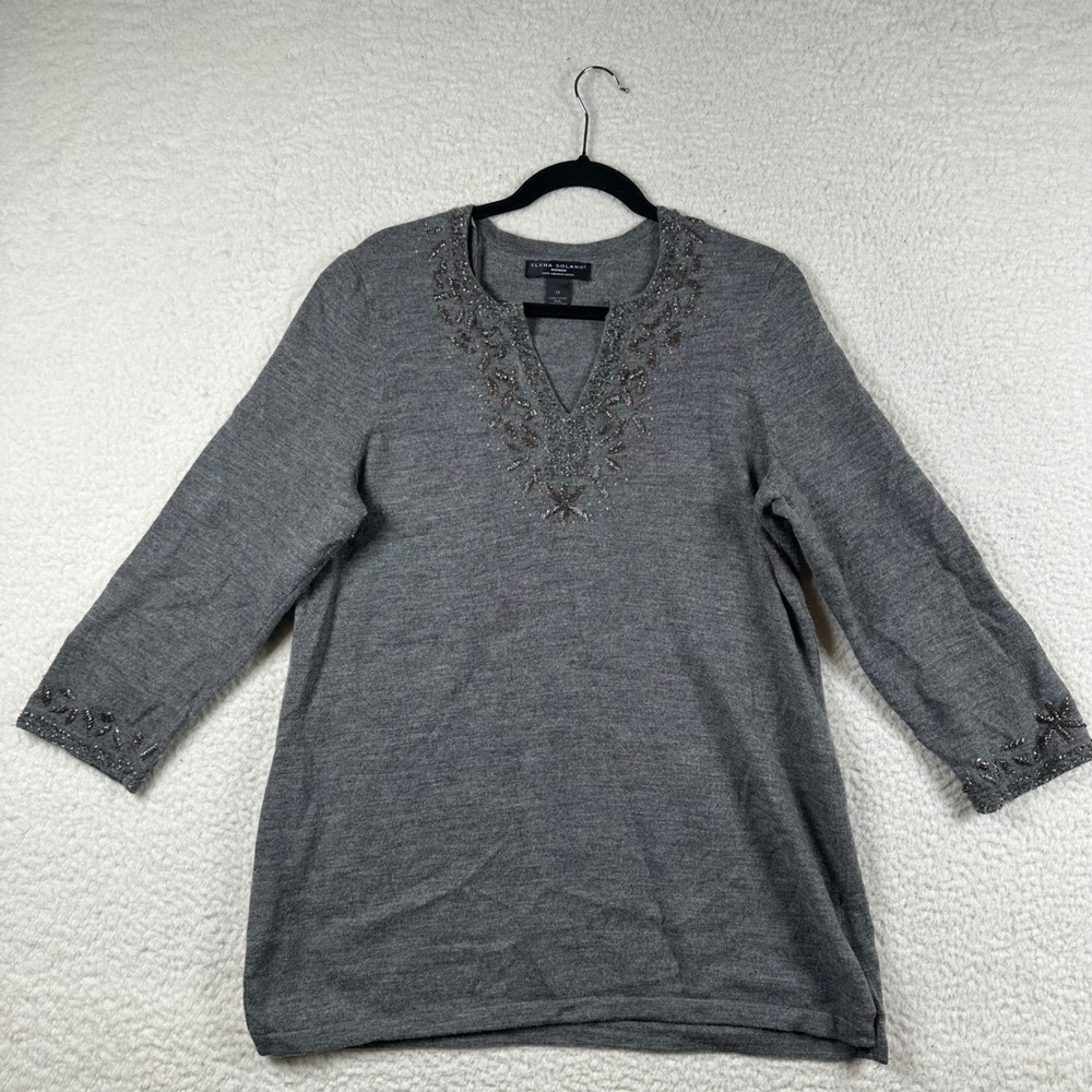 Elena Solano Sweater Womens 1X Gray Merino Wool Beaded Embellished V-Neck Knit
